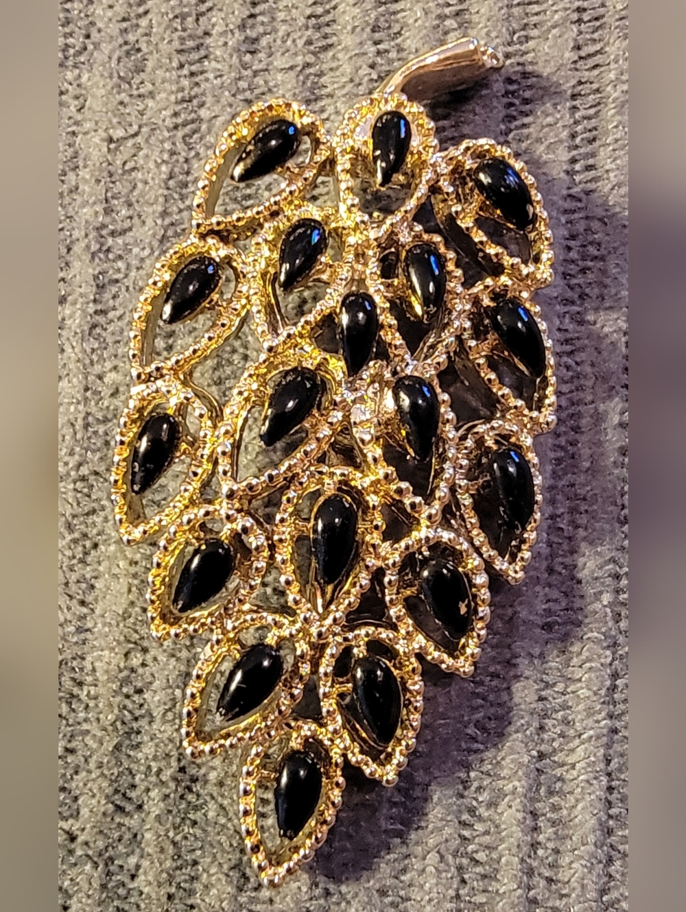 Vintage Gerry's Gold Tone Leaf Brooch with Black Stones